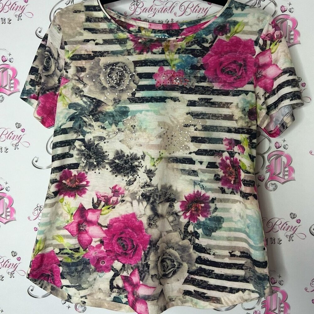 Alia tee tshirt bling rhinestone diamond Floral Striped stripes Top